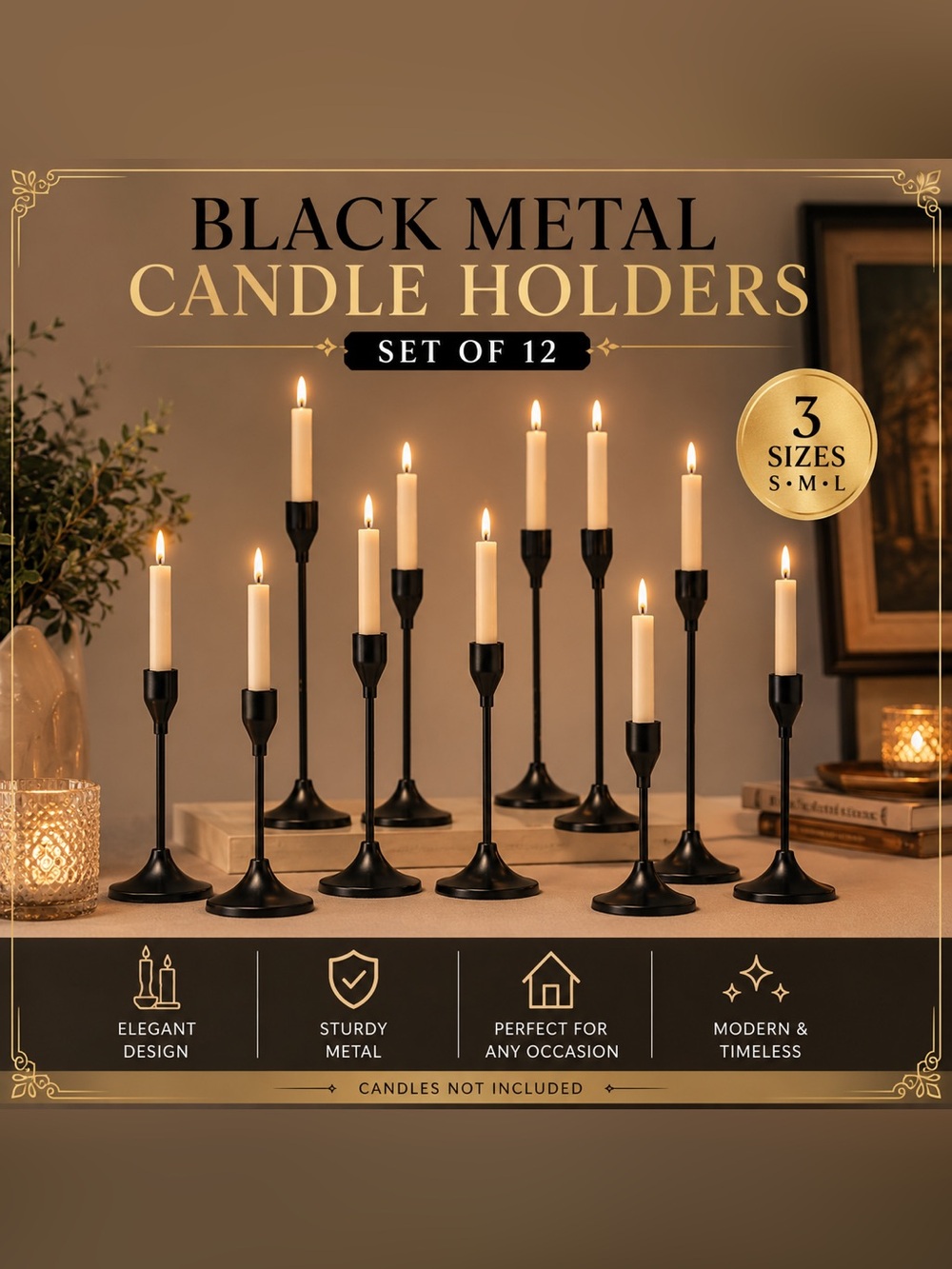 Set of 12 Black Metal Taper Candle Holders | Mixed Heights